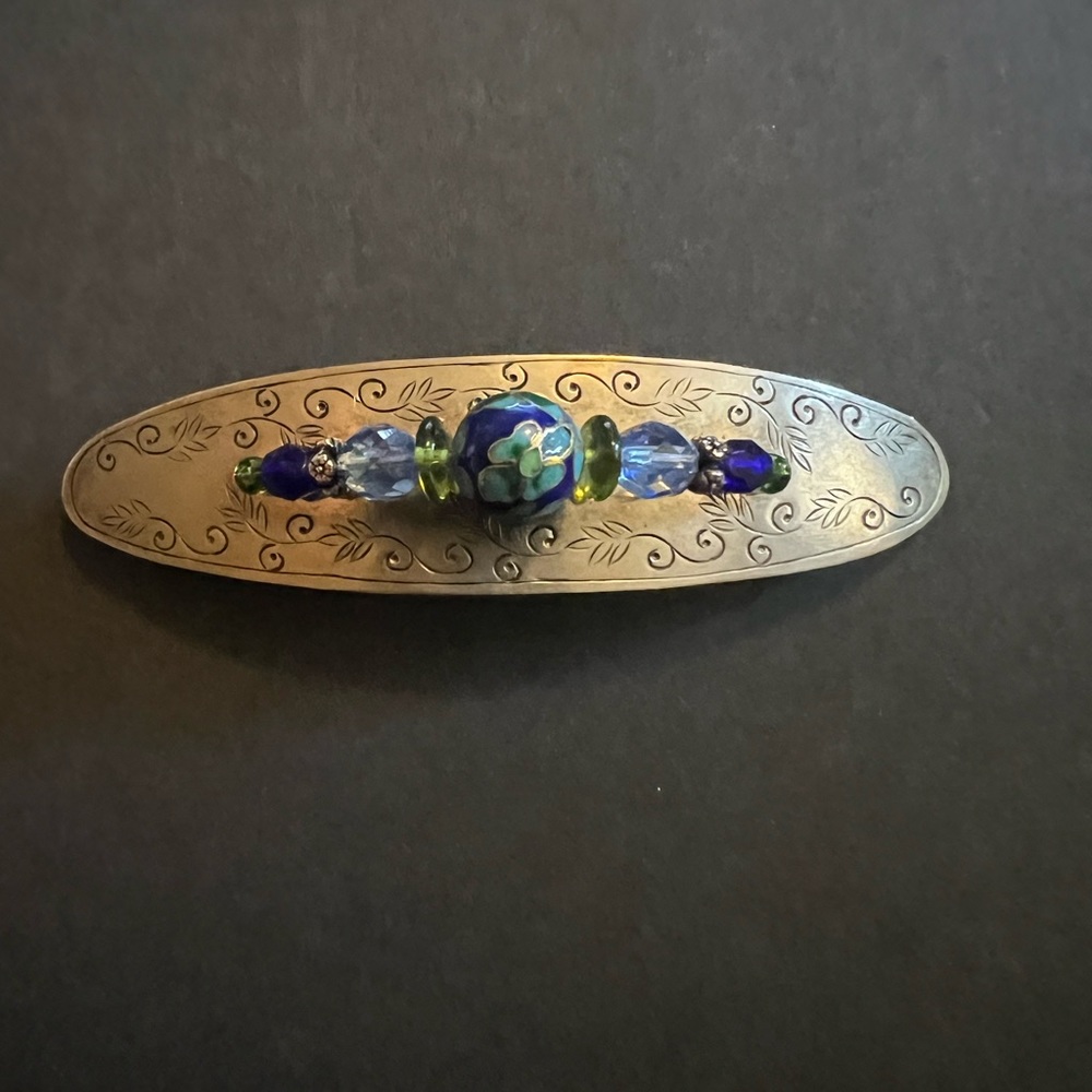 Vintage French hair Barrette Made in France metal beads silver tone